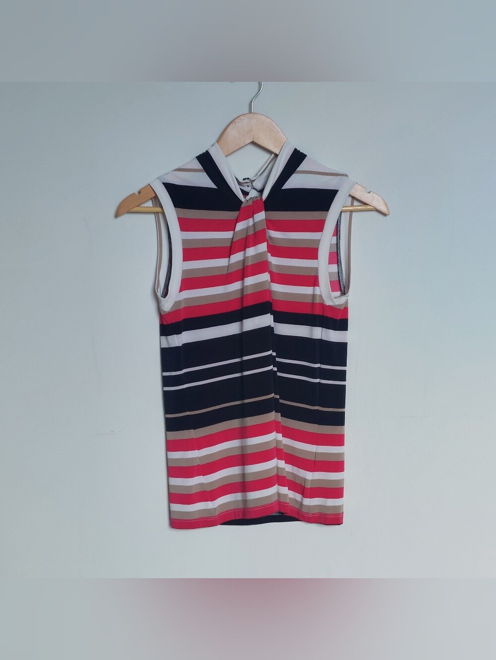 Tommy Hilfiger Striped Sleeveless Mock Neck Tie Top Red Black Tan